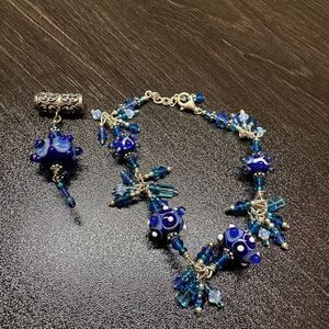 Vintage blue hand-blown glass and sterling silver bracelet, pendant bundle!